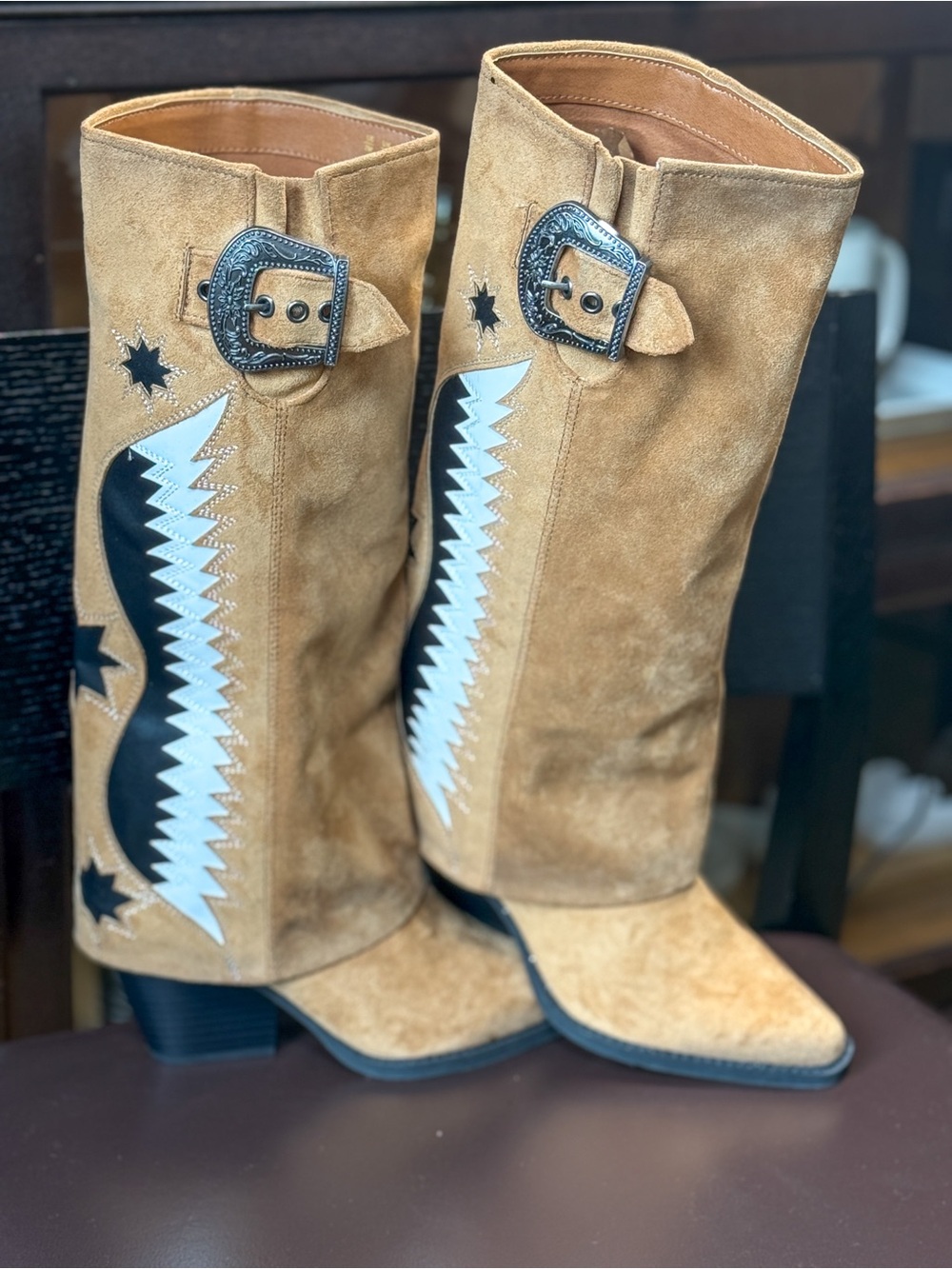 Zodiac Tan Suede Western Boots Lightning Bolt Knee High Cowboy Boots Size 7